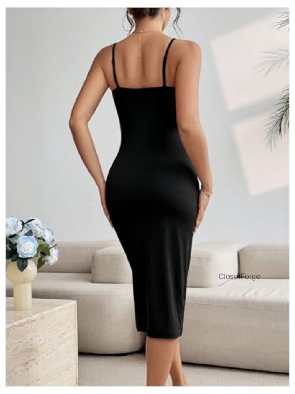 SHENHE Spaghetti Strap Bodycon Midi Dress O-Ring Cutout Slit - Picture 2 of 4
